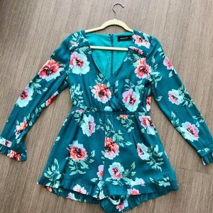MINKPINK: Teal and Floral Long Sleeve Romper